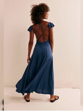 Free People Indigo V-Neck Maxi Dress with Flutter Sleeves